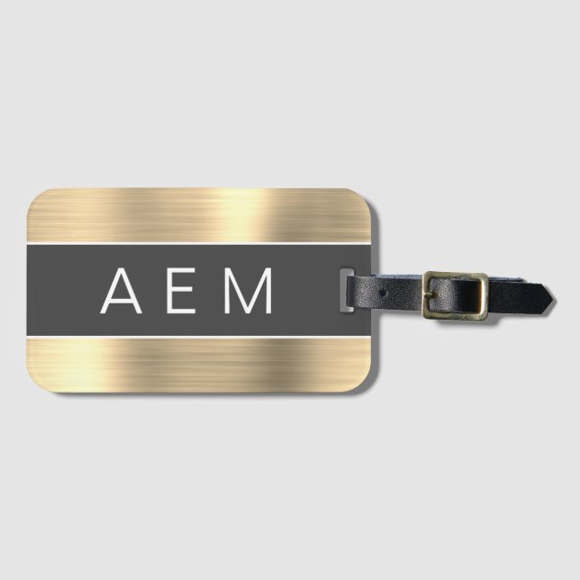 Guld Brushed Metall Monogram Namn och Initial Bagagebricka (Framsida horisontal)