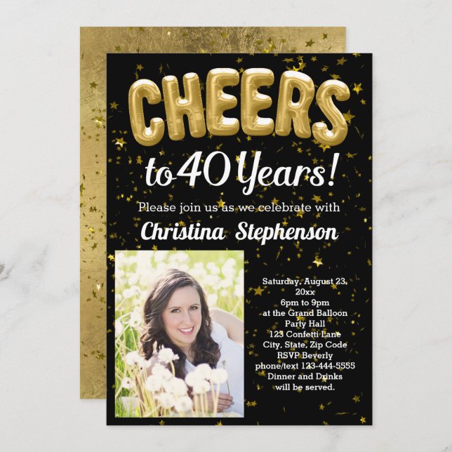 Guld Bubblor Cheers 40 år 40:e födelsedagsfoto Inbjudningar (Fram/baksida)