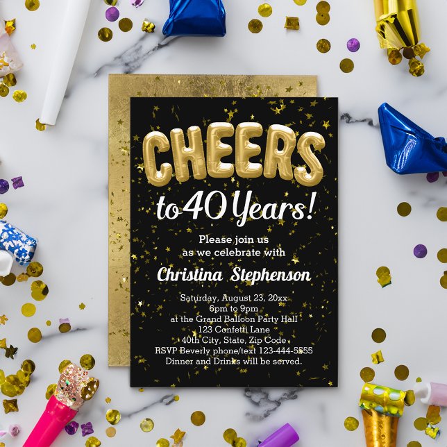 Guld Bubblor Cheers till 40 år 40:e födelsedagen Inbjudningar (cheers to 40 years birthday party invitation 40th)