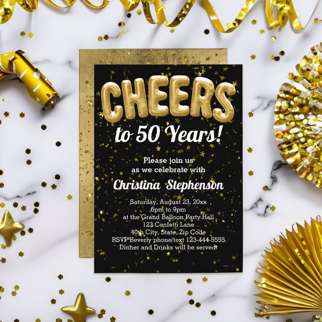 Guld Bubblor Cheers till 50 år 50:e födelsedagen Inbjudningar (gold cheers to 50 years 50th birthday party invitation)