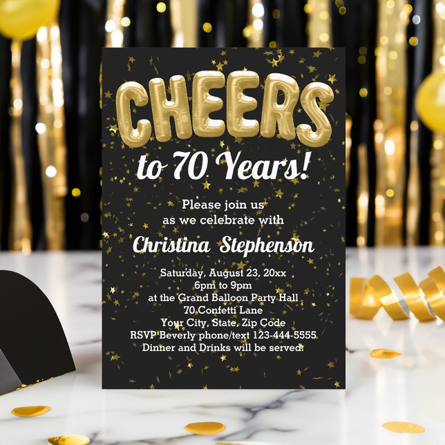 Guld Bubblor Cheers till 70 år 70:e födelsedagen Inbjudningar (cheers to 70 years 70th birthday party invitations)