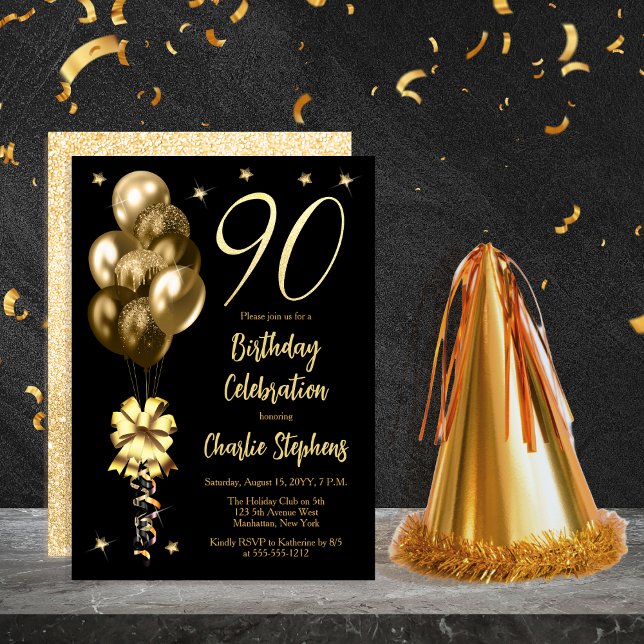Guld-bubblor i elegant på den svarta 90:e Födelsed Inbjudningar (Elegant Gold-Toned Balloons on Black 90th Birthday Party Invitation)
