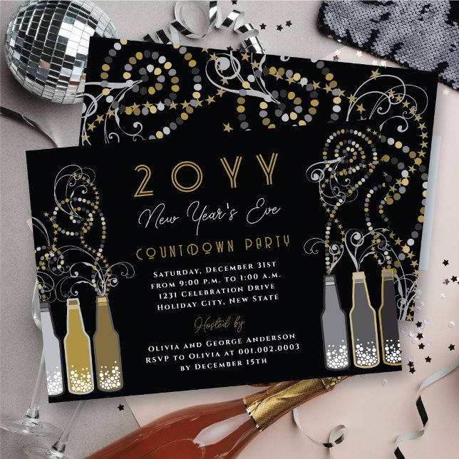 Guld Bubly Flaskor Swirls Nyårsafton Party Inbjudningar (Gold Bubbly Bottles Swirls New Year's Eve Party Invitation @ fat_fa_tin)