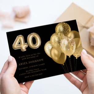 Guld Buboner Black 40:e födelsedag Party Inbjudningar