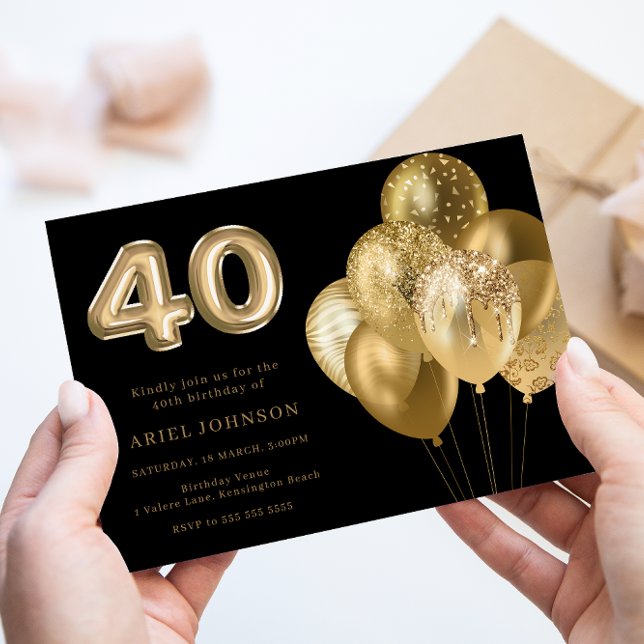 Guld Buboner Black 40:e födelsedag Party Inbjudningar (Skapare uppladdad)