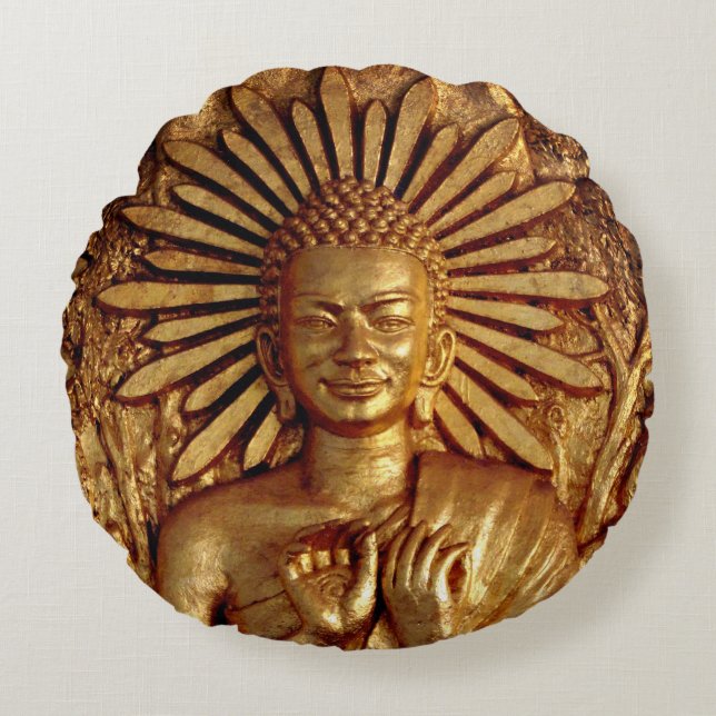 Guld Buddha, Compassion & Blessings (Pillow) Rund Kudde (Framsidan)