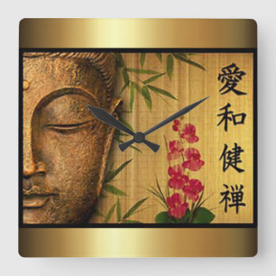 Guld- Buddha gröntlöv & röda blommor Fyrkantig Klocka
