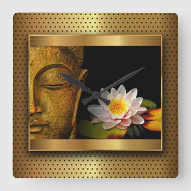 Guld Buddha med Lotus Flower Fyrkantig Klocka (Framsida)