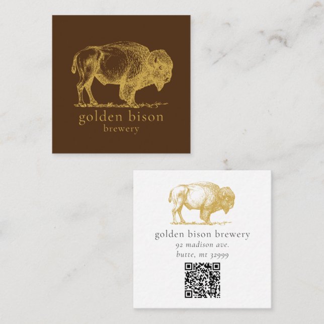 Guld Buffalo QR-kod Brun fyrkantskort Fyrkantigt Visitkort (Fram/baksida)