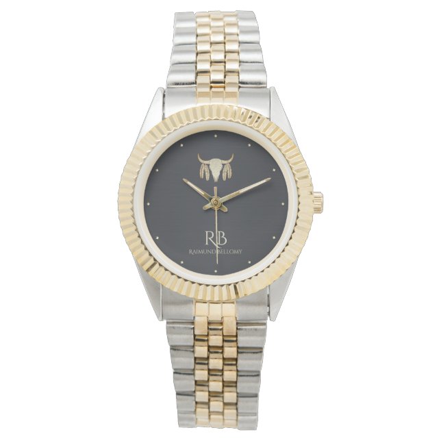 Guld Buffalo Skull Black Metallic Watch Armbandsur (Framsida)