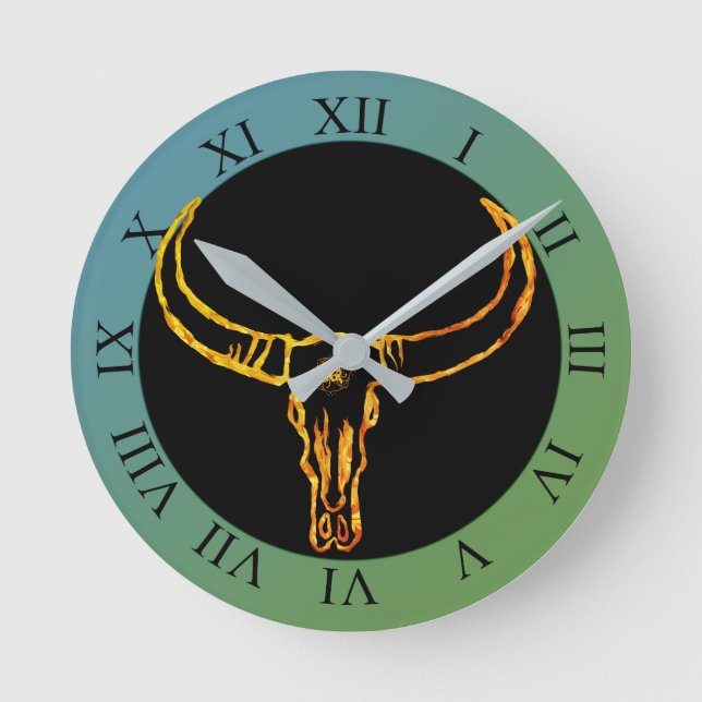 Guld Bull Skull Wall Clock Rund Klocka (Framsida)