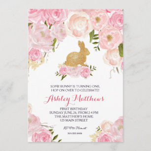 Guld Bunny-rosa-inbjudan till -Blommigt, Inbjudningar