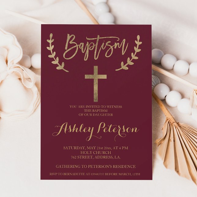 Guld burgundröd elegant, baptism inbjudningar (Gold burgundy red elegant typography baptism invitation)