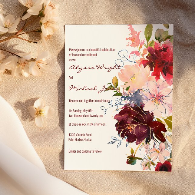 Guld burgundröd rosa bouquet Bröllop Inbjudningar (Gold burgundy red pink flower bouquet Wedding)