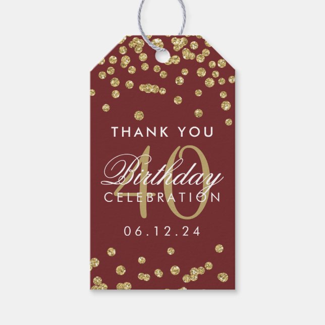 Guld Burgundy 40:e födelsedagskonfetti Tack Presentetikett (Framsidan)