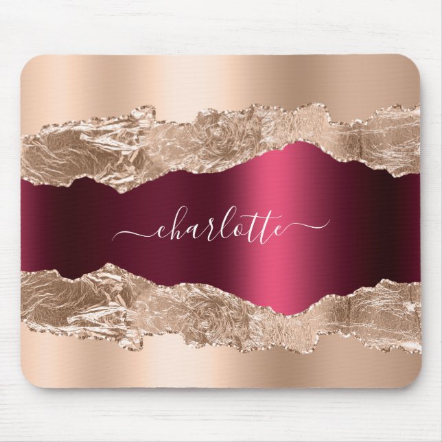 Guld burgundy agate marble namn-skript musmatta (Framsidan)