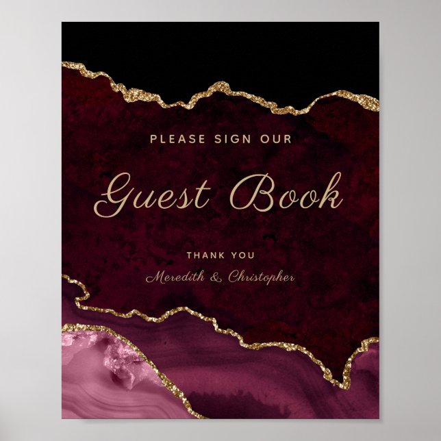 Guld Burgundy Agate-signalen Guestbook Bröllop Pos Poster (Framsidan)