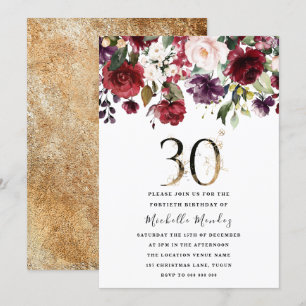 Guld Burgundy Blommig Elegant 30-års Födelsedagsfe Inbjudningar