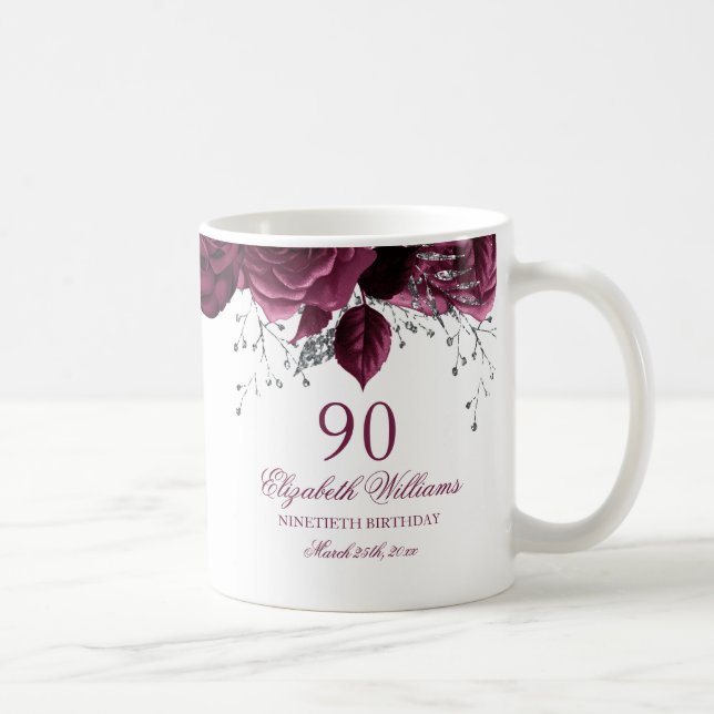 Guld Burgundy Blommig Ros 90-årsdag Kaffemugg (Höger)