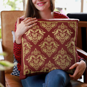 Guld & Burgundy Blommigt Damaskasker Geometric Mön Kudde