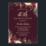 Guld Burgundy blommigt Gnistra 40:e födelsedagen P Inbjudningar<br><div class="desc">Mer söt Blommigt Birthday Bjud i Little Bayleigh Store!</div>