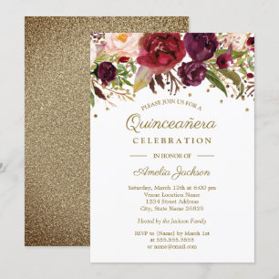 Guld Burgundy Blommigt Watercolor Quinceanera Inbj Inbjudningar