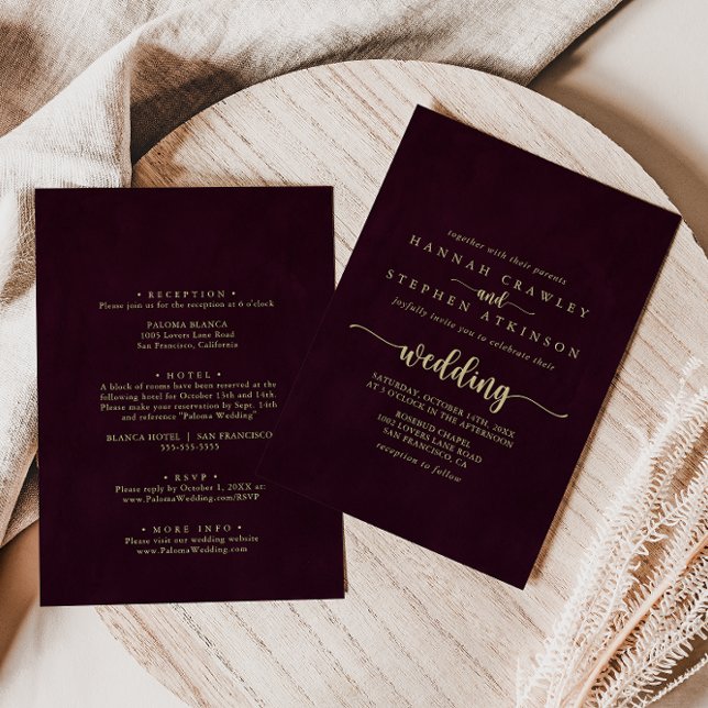 Guld Burgundy Calligraphy Front & Back Bröllop Inbjudningar (Skapare uppladdad)