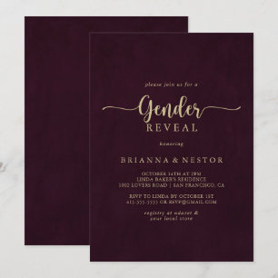 Guld Burgundy Calligraphy Gender Reveal Party Inbjudningar