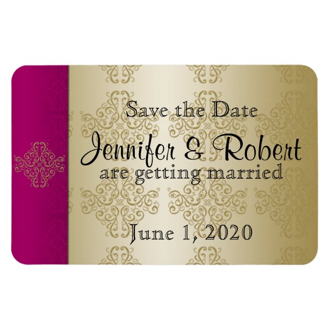 Guld Burgundy Damask Posh Bröllop spara datum Magnet (Horisontell)