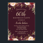 Guld Burgundy Elegant Blommigt 60:e Födelsedagsfes Inbjudningar<br><div class="desc">Mer söt blommigt Birthday Bjud i Little Bayleigh Store!</div>