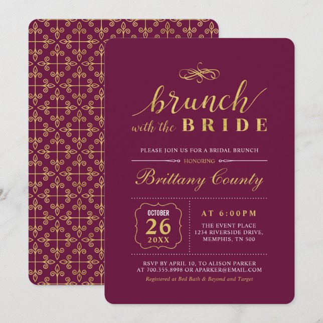 Guld & Burgundy | Elegant bröllop Möhippa Brunch Inbjudningar (Fram/baksida)