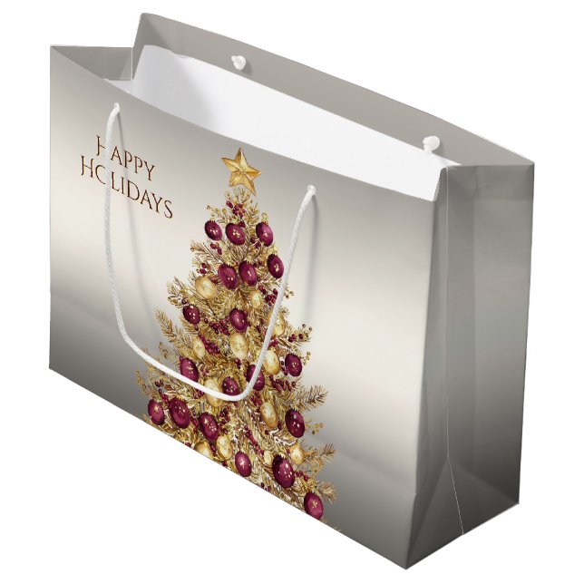 Guld Burgundy Julgran Helgdag Gift Bag (Framsidan Vinklad)