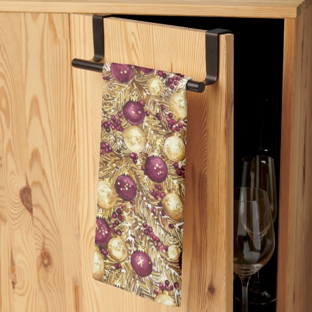 Guld Burgundy Julgran Helgdag Kitchen Towel Kökshandduk (Thirds Fold)