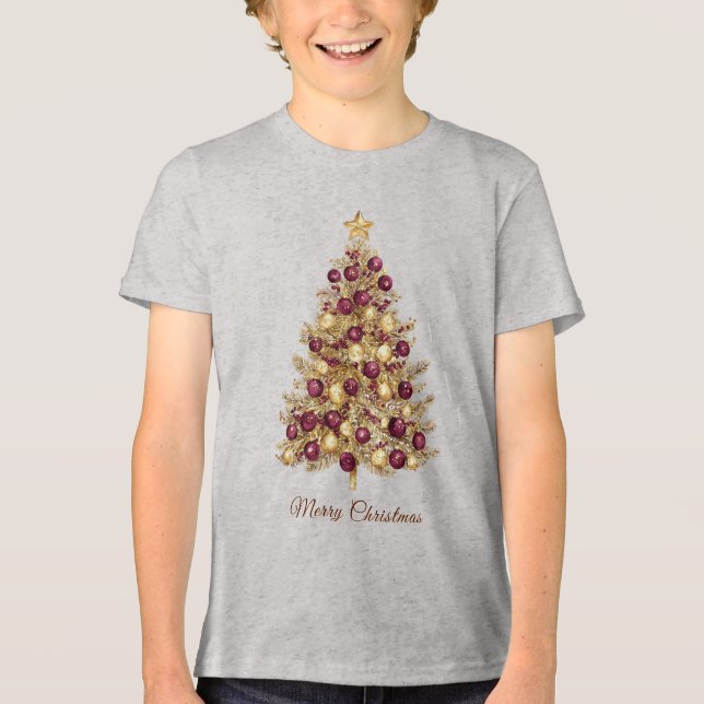 Guld Burgundy Julgran Helgdag T Shirt (Framsida)