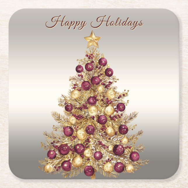 Guld Burgundy Julgran Högtidlig Pappersunderlägg Underlägg Papper Kvadrat (Framsidan)