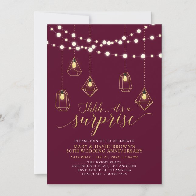 Guld Burgundy Ljussorprise Bröllopsjubileum Inbjudningar (Framsida)