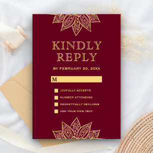 Guld Burgundy Mehendi Henna Indian Bröllop OSA Kort