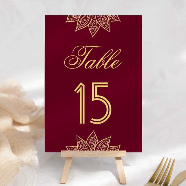 Guld Burgundy Mehendi Henna Indiskt Bröllop Bordsnummer (Skapare uppladdad)