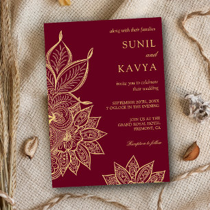 Guld Burgundy Mehendi Henna Indiskt Bröllop Inbjudningar