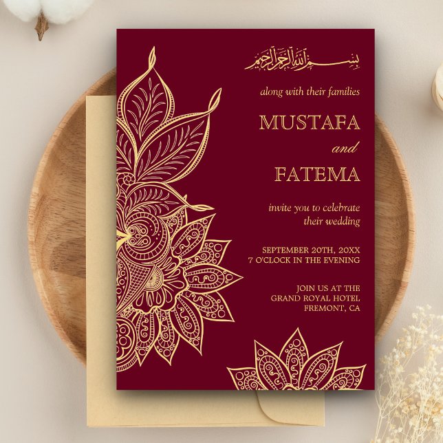 Guld Burgundy Mehendi Henna Islamisk Bröllop Inbjudningar (Skapare uppladdad)