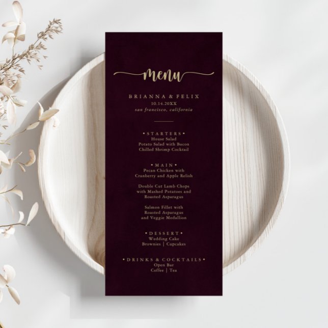 Guld Burgundy minimalistisk calligraphy Dinner Men Meny (Skapare uppladdad)