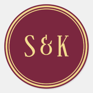 Guld Burgundy Monogram Kuvert Sigill Runt Klistermärke