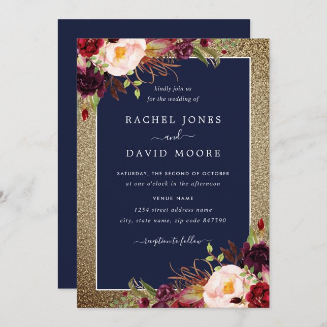 Guld Burgundy Navy Blommigt Watercolor Bröllop Inbjudningar (Fram/baksida)