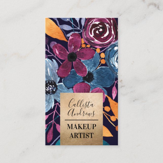 Guld Burgundy Navy Mustard Watercolor Flowers Visitkort (Framsida)