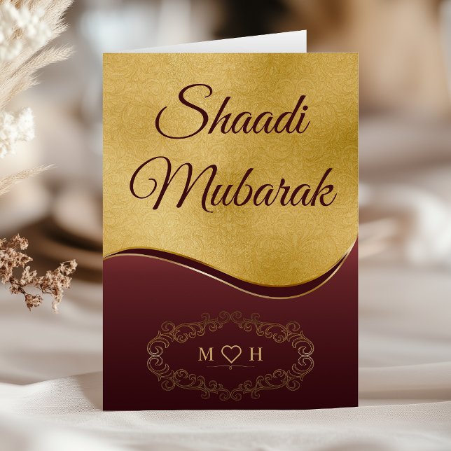 Guld Burgundy Personlig Monogram Shaadi Mubarak Kort (Skapare uppladdad)