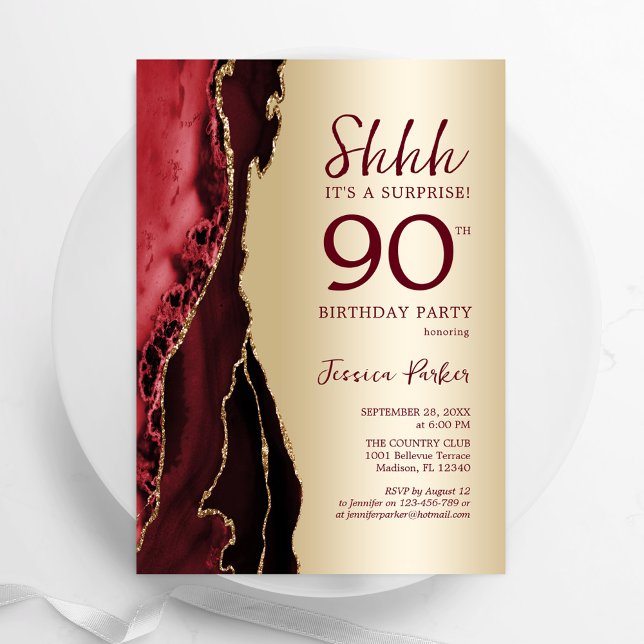 Guld Burgundy Red Agate 90:e födelsedag Inbjudningar (Skapare uppladdad)