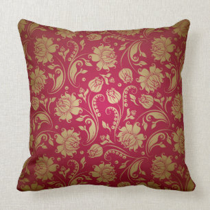 Guld & Burgundy Red Blommigt Damasks Mönster Kudde