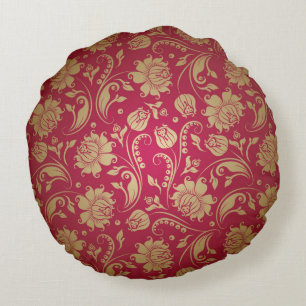 Guld & Burgundy Red Blommigt Damasks Mönster Rund Kudde