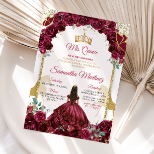Guld Burgundy Red Blommigt Princess Quinceañera Inbjudningar
