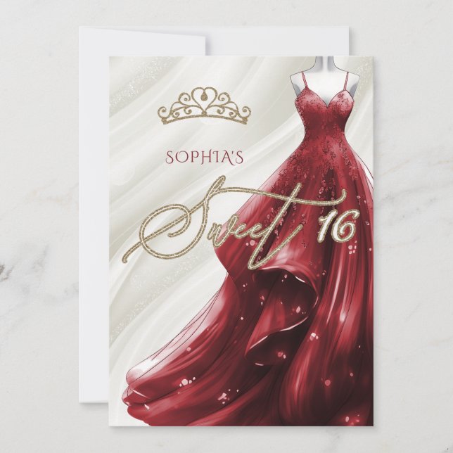 Guld Burgundy Red Gnistra Dress Sweet 16 Inbjudningar (Framsida)